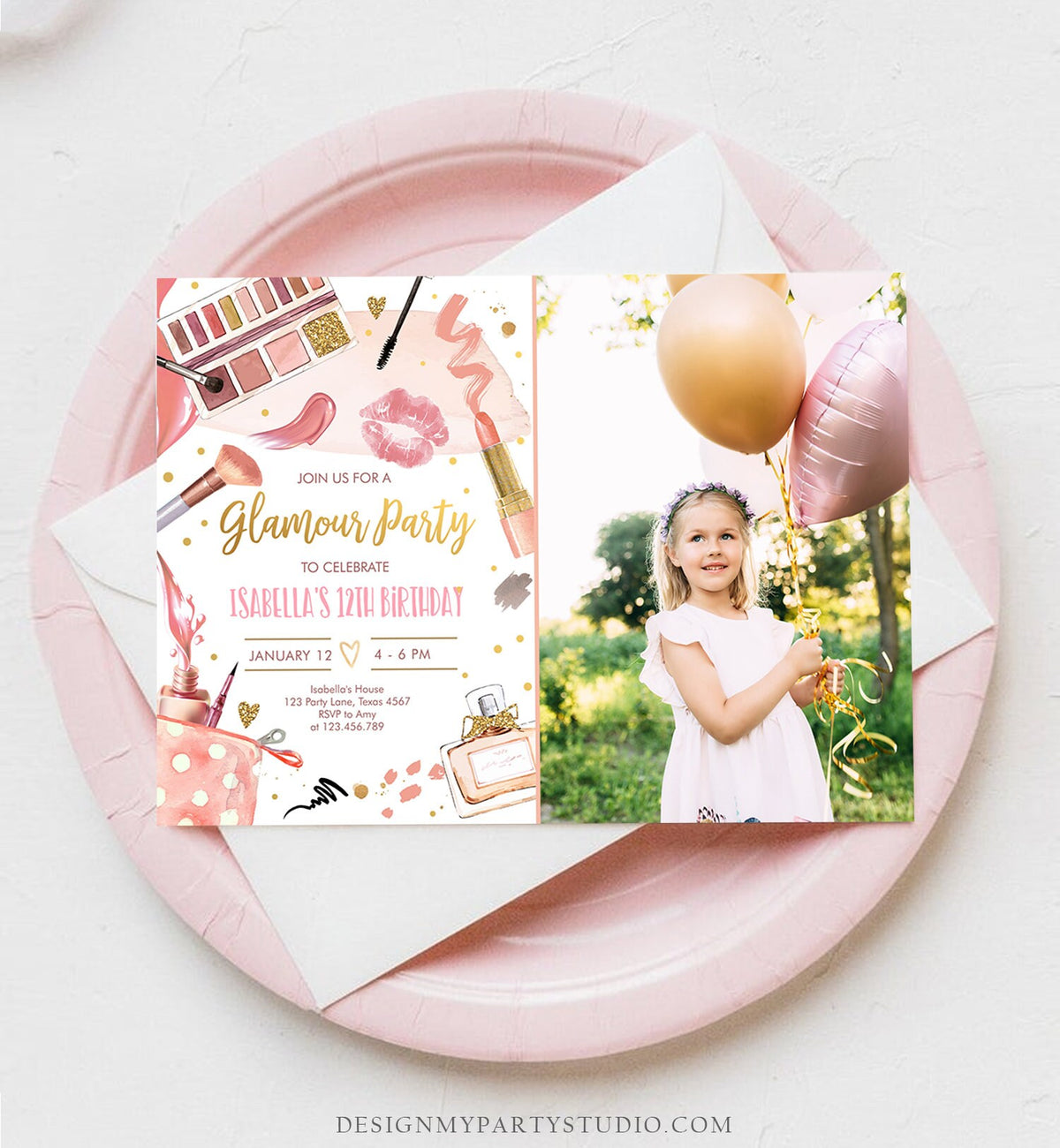 Editable Glamour Birthday Party Glitz and Glam Party Spa Makeup Birthday Invitation Pink Gold Girl Download Printable Template Corjl 0420