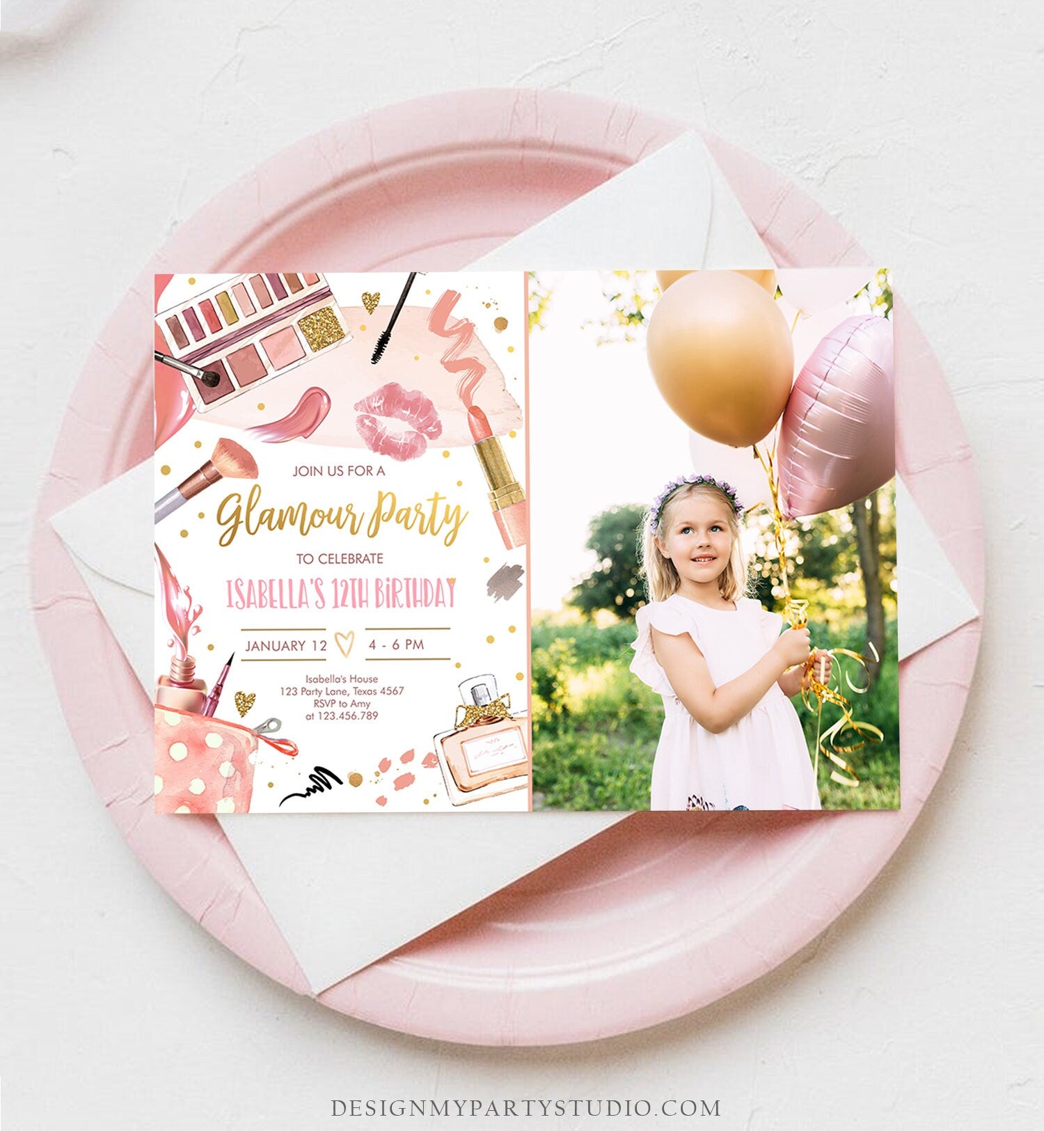 Editable Glamour Birthday Party Glitz and Glam Party Spa Makeup Birthday Invitation Pink Gold Girl Download Printable Template Corjl 0420