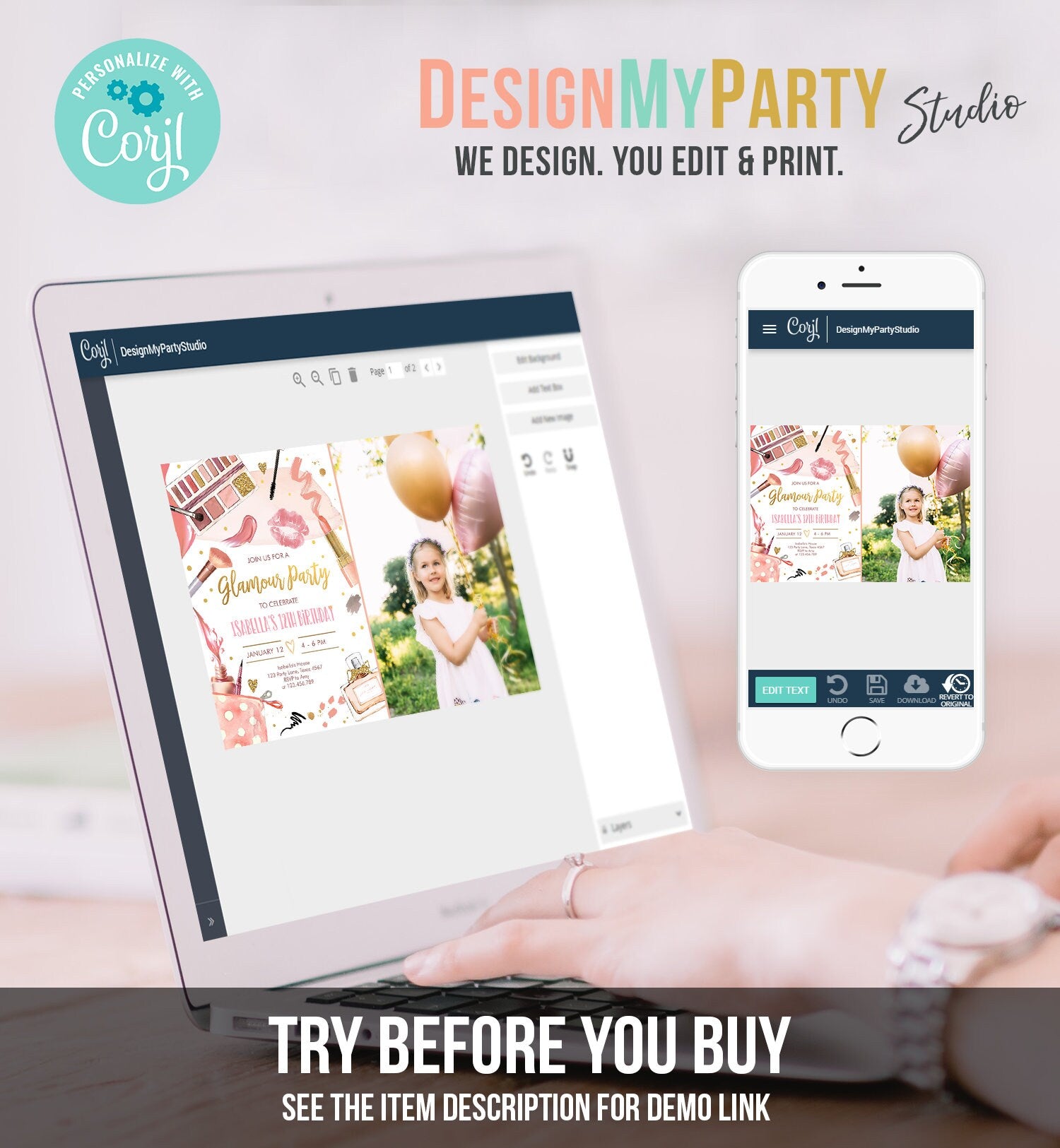 Editable Glamour Birthday Party Glitz and Glam Party Spa Makeup Birthday Invitation Pink Gold Girl Download Printable Template Corjl 0420