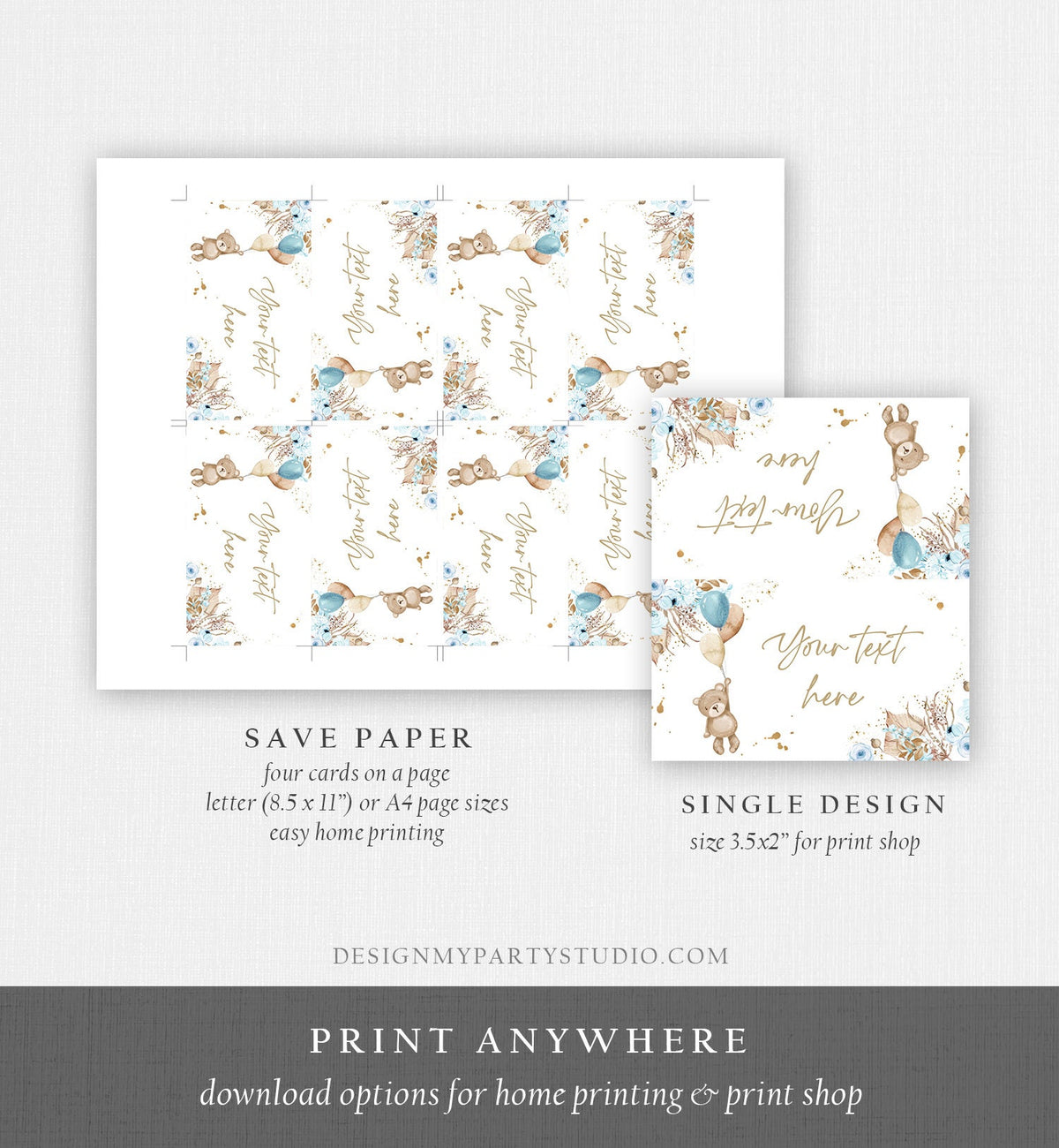 Editable Food Labels Boho Teddy Bear Baby Shower Place Card Tent Card Escort Card Blue Boy Pampas Grass Bearly Wait Template Corjl 0421