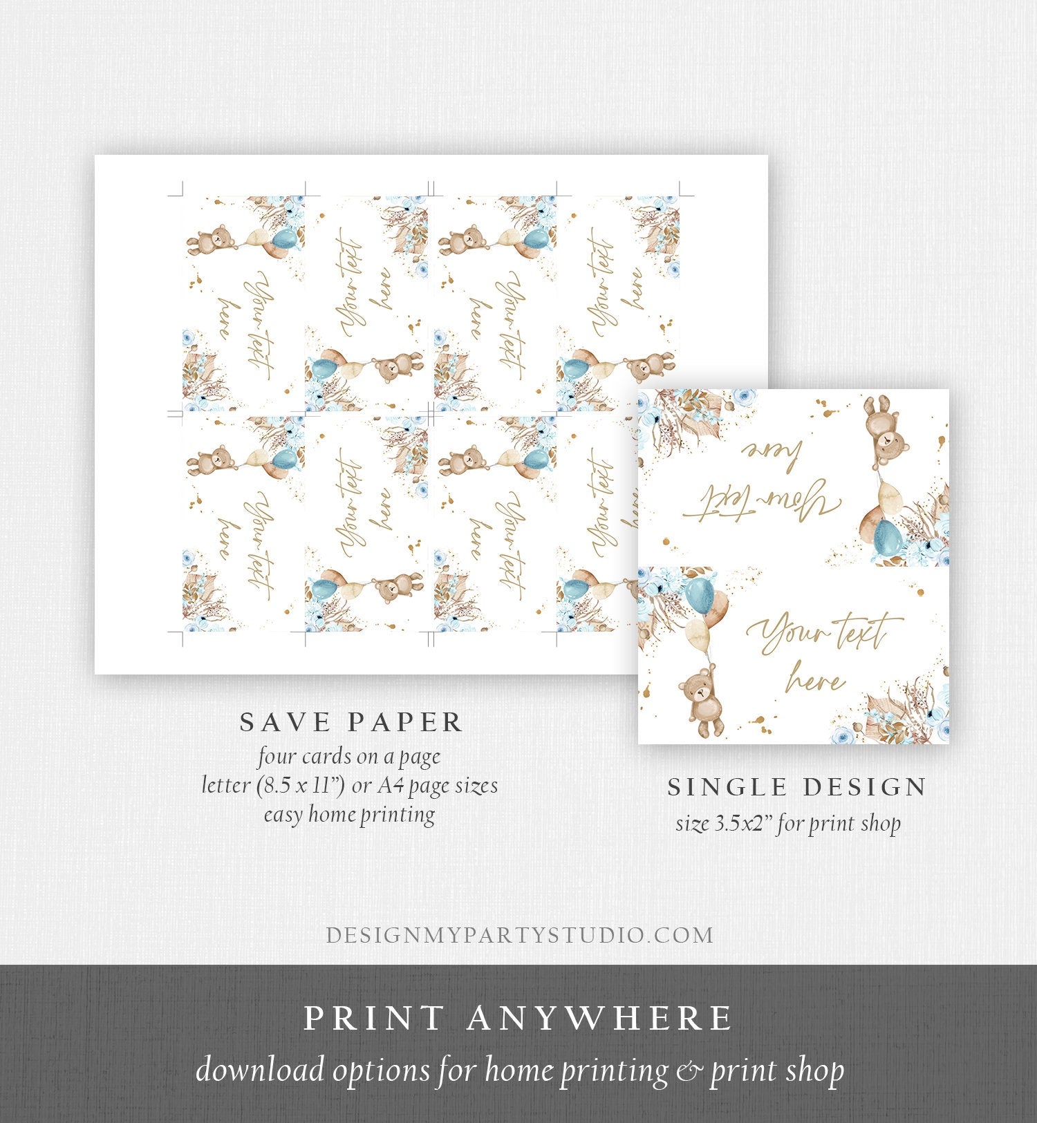 Editable Food Labels Boho Teddy Bear Baby Shower Place Card Tent Card Escort Card Blue Boy Pampas Grass Bearly Wait Template Corjl 0421