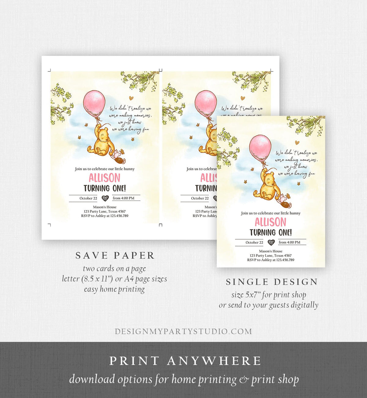 Editable Winnie The Pooh Invitation Girl Pink Rustic Classic Winnie The Pooh 1st Birthday Invite Digital Corjl Template Printable 0425