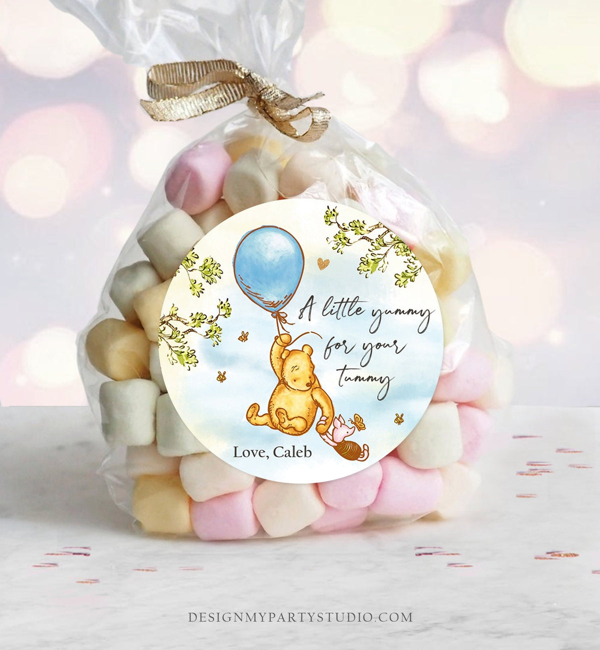 Editable Winnie The Pooh Favor Tags Pooh Baby Shower Thank you Sticker Birthday Yummy for Your Tummy Printable Download Corjl Template 0425