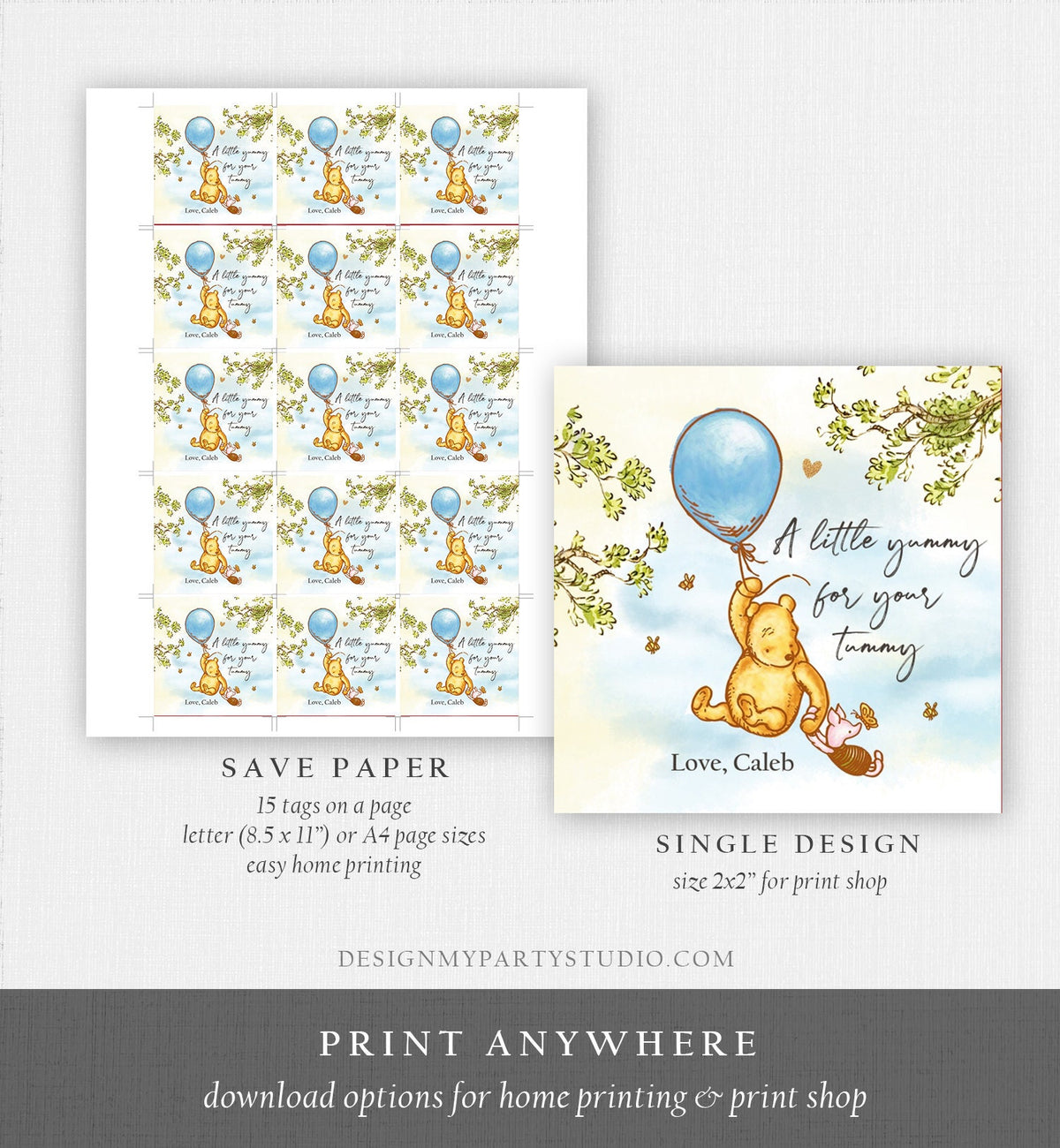 Editable Winnie The Pooh Favor Tags Pooh Baby Shower Thank you Sticker Birthday Yummy for Your Tummy Printable Download Corjl Template 0425
