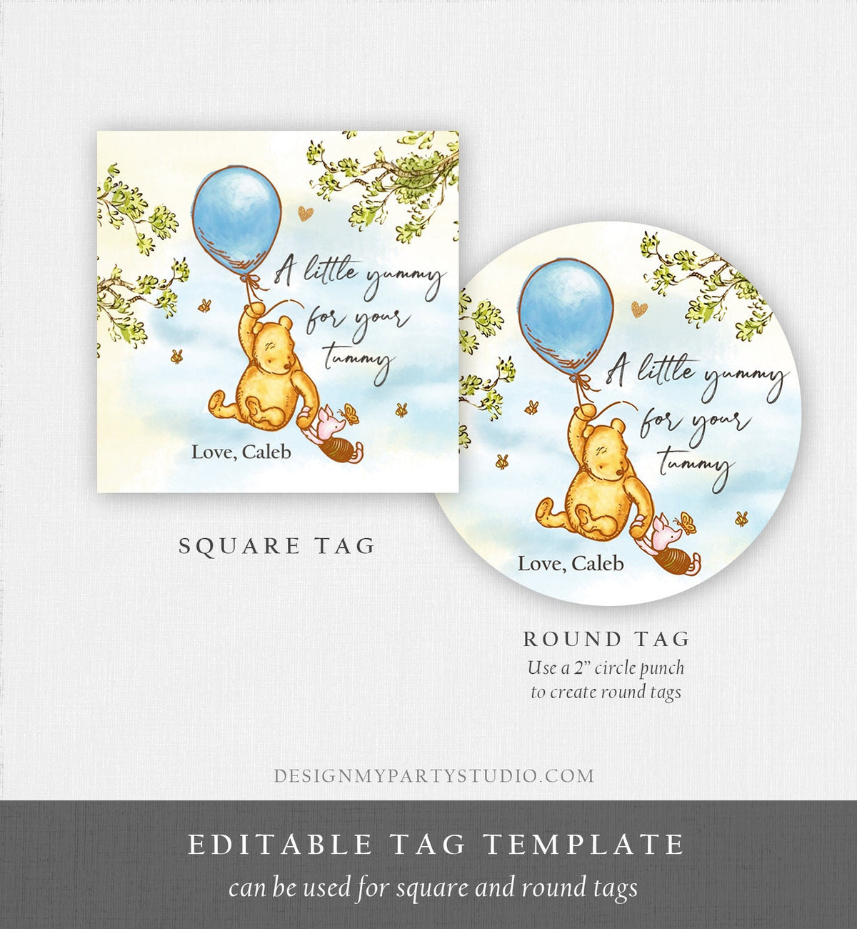 Editable Winnie The Pooh Favor Tags Pooh Baby Shower Thank you Sticker Birthday Yummy for Your Tummy Printable Download Corjl Template 0425
