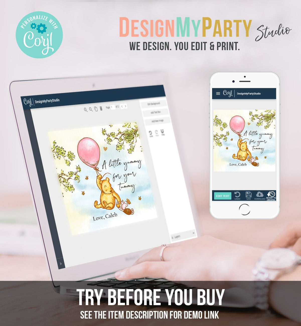 Editable Winnie The Pooh Favor Tags Pooh Baby Shower Thank you Sticker Birthday Yummy for Your Tummy Printable Download Corjl Template 0425