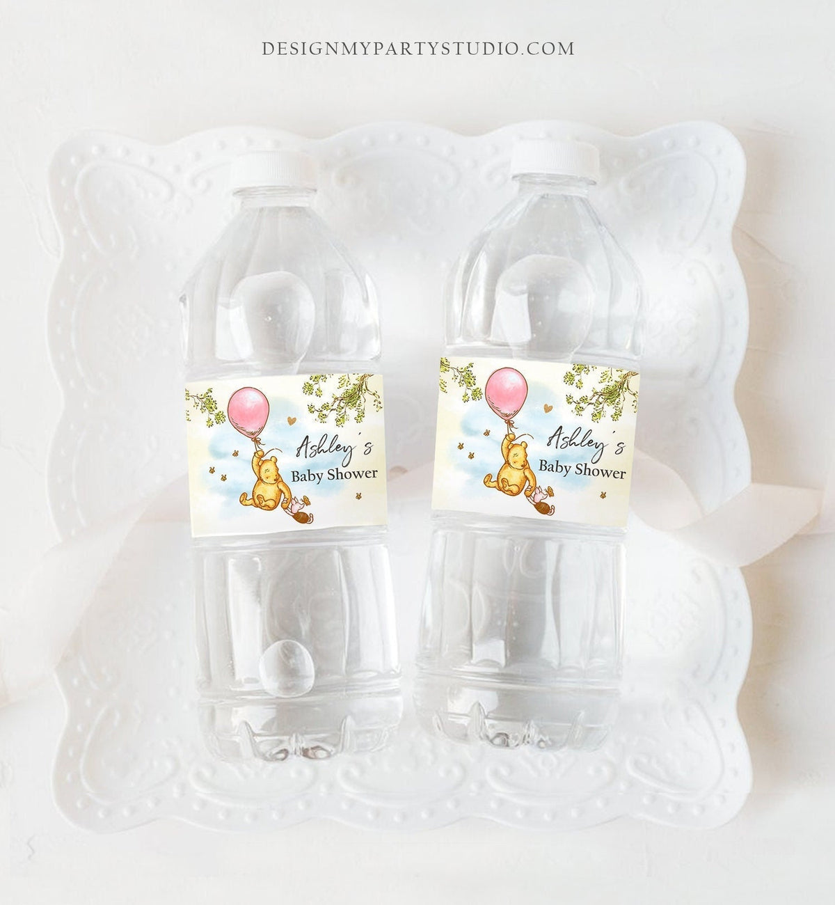 Editable Classic Winnie The Pooh Water Bottle Labels Pooh Baby Shower Pooh Party Decor Pink Girl Birthday Printable Template Corjl 0425