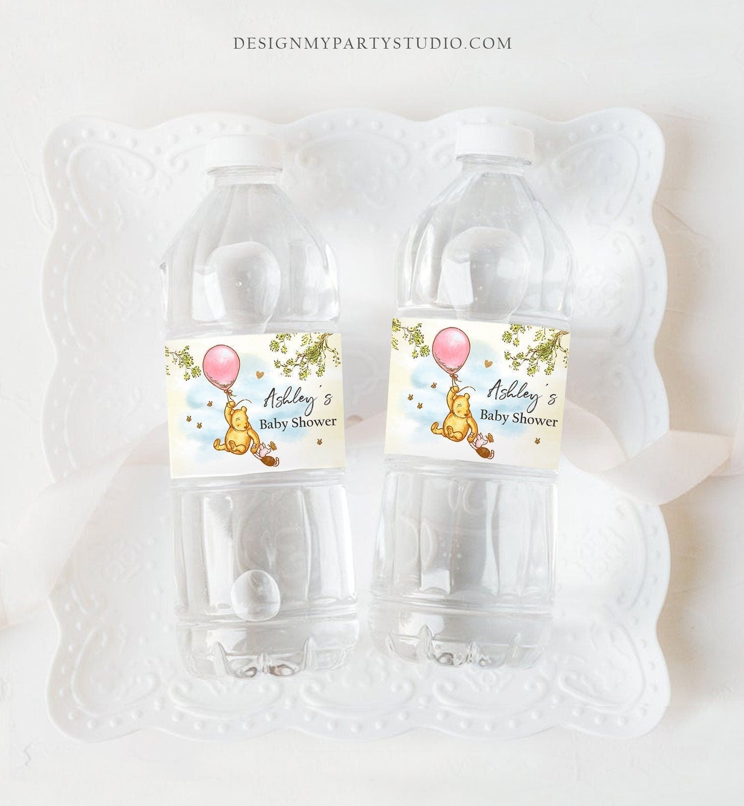 Editable Classic Winnie The Pooh Water Bottle Labels Pooh Baby Shower Pooh Party Decor Pink Girl Birthday Printable Template Corjl 0425
