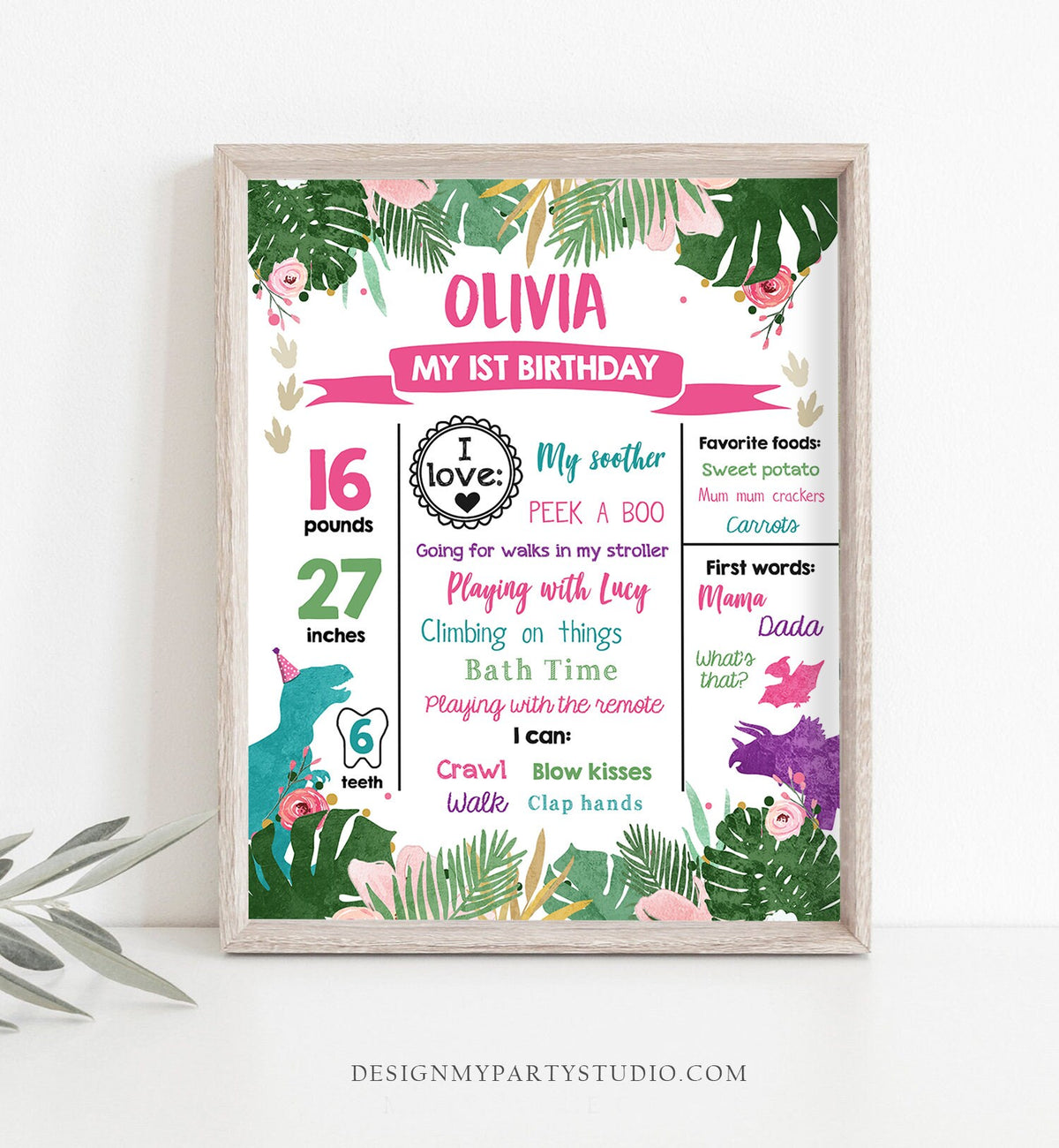 Editable Dinosaur Birthday Milestones Sign Dino Milestone Gold Pink Girl First Birthday Party Instant Download Corjl Template Printable 0388