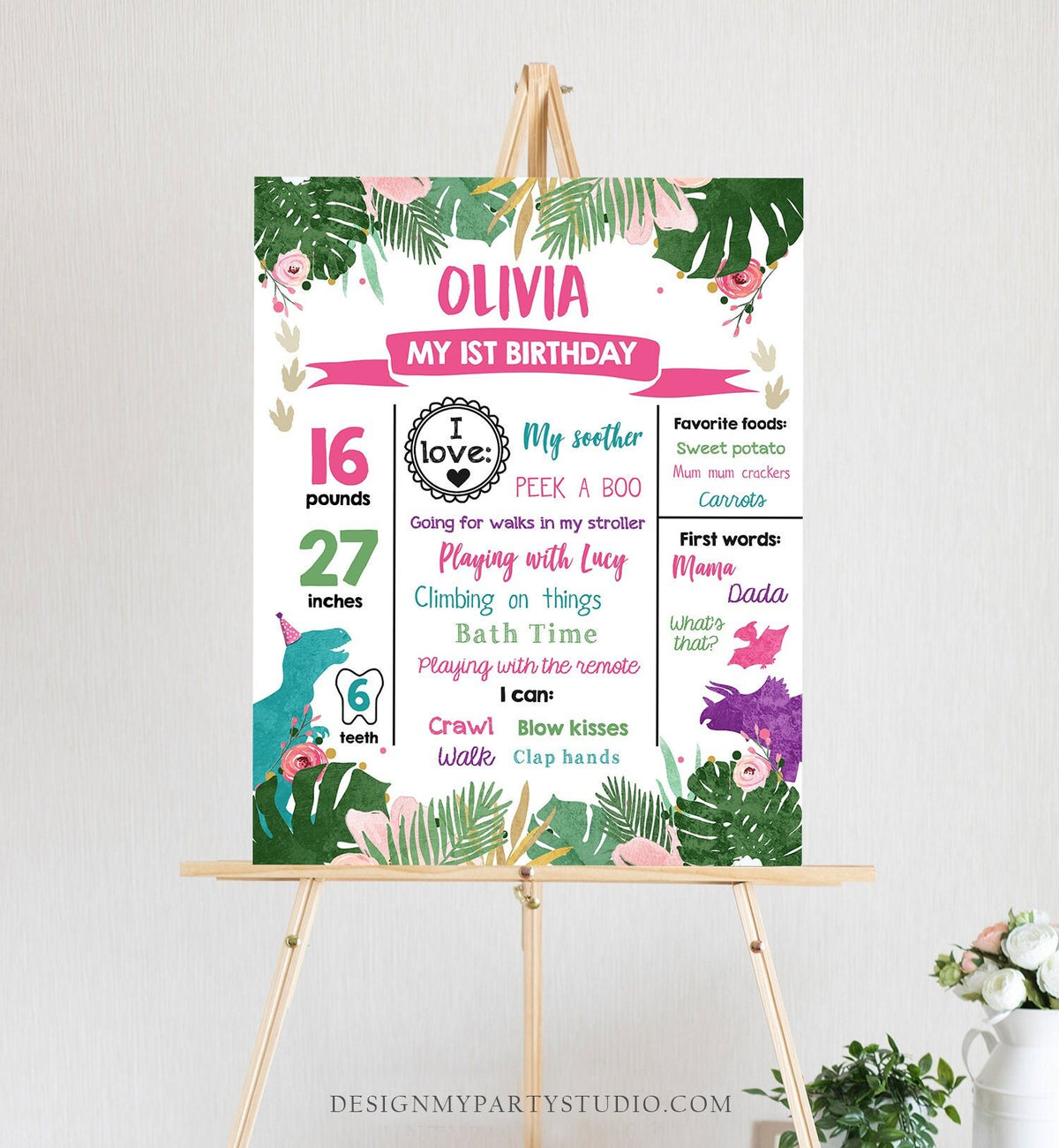 Editable Dinosaur Birthday Milestones Sign Dino Milestone Gold Pink Girl First Birthday Party Instant Download Corjl Template Printable 0388