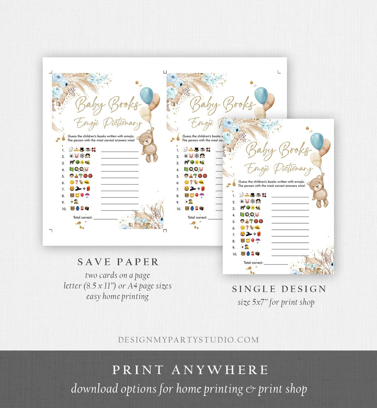 Editable Emoji Pictionary Baby Shower Game Baby Books Boho Teddy Bear Shower Pampas Grass Boy Bearly Wait Corjl Template Printable 0421
