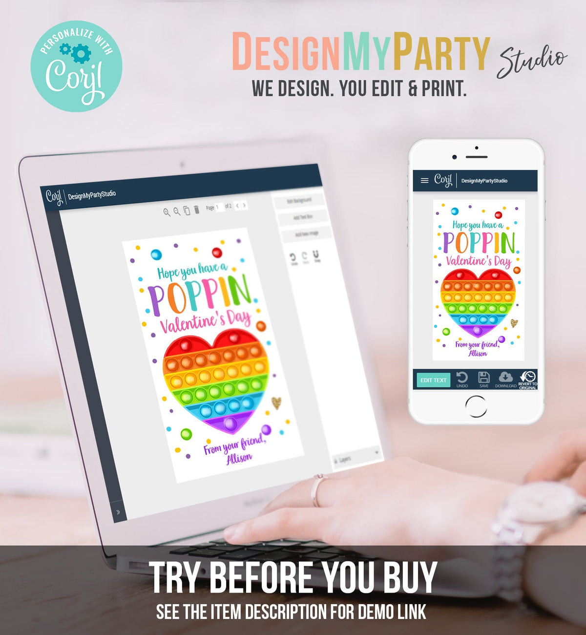 Editable Valentines Pop it gift tags Poppin Valentine's Day Party Favors Tag School Non-Candy Popit Label Rainbow Printable PRINTABLE 0370