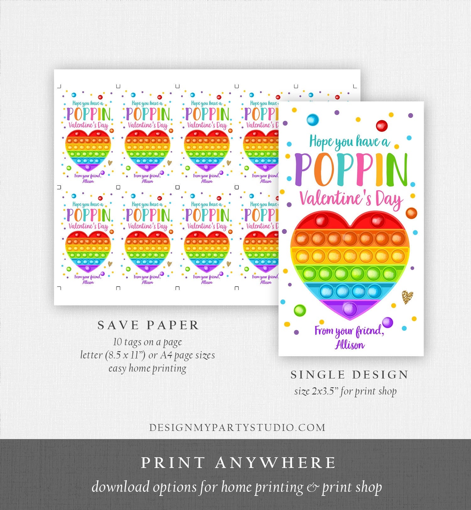 Editable Valentines Pop it gift tags Poppin Valentine's Day Party Favors Tag School Non-Candy Popit Label Rainbow Printable PRINTABLE 0370