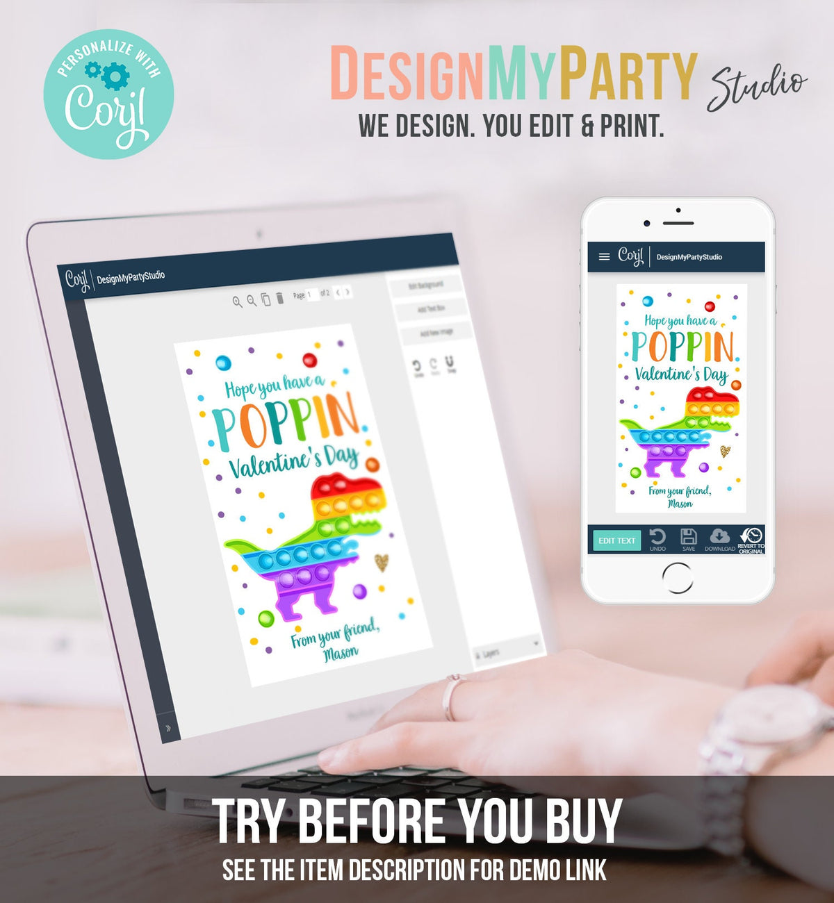 Editable Valentines Pop it gift tags Poppin Valentine's Day Party Favors Tag School Boy Kids Popit Label Rainbow Printable PRINTABLE 0370