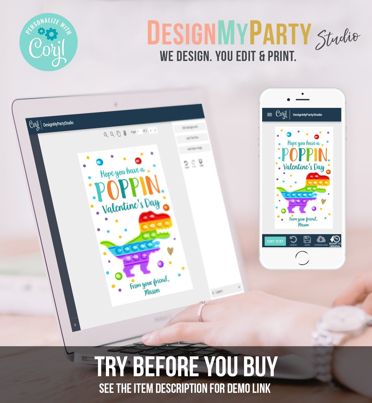 Editable Valentines Pop it gift tags Poppin Valentine's Day Party Favors Tag School Boy Kids Popit Label Rainbow Printable PRINTABLE 0370