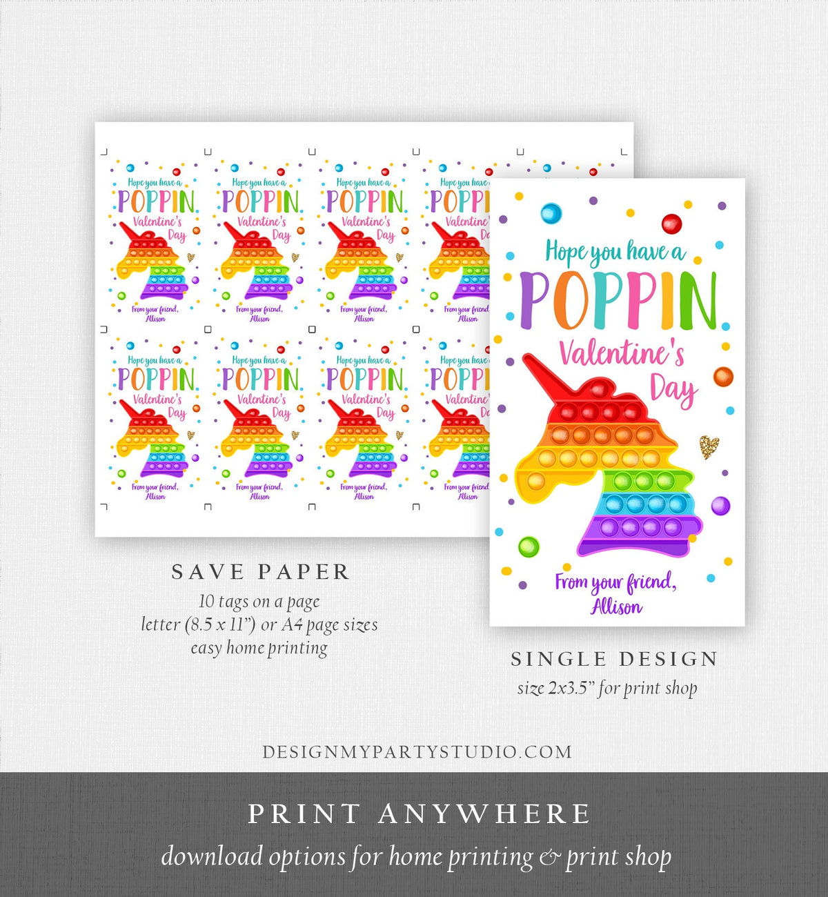 Editable Valentines Pop it gift tags Poppin Valentine's Day Party Favors Tag School Non-Candy Popit Label Rainbow Printable PRINTABLE 0370