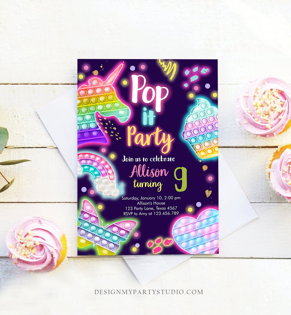 Editable Pop It Birthday Party Invitation Fidget Party Girl Kids Birthday Rainbow Neon Unicorn Bubble Download Printable Template Corjl 0422
