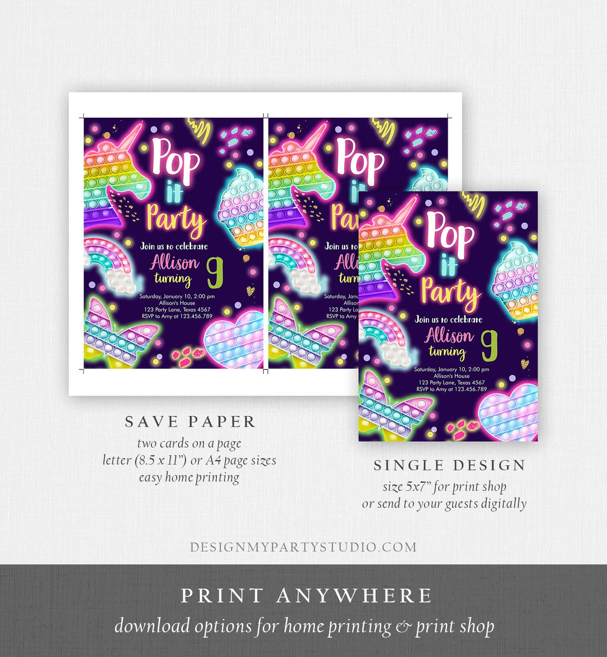 Editable Pop It Birthday Party Invitation Fidget Party Girl Kids Birthday Rainbow Neon Unicorn Bubble Download Printable Template Corjl 0422