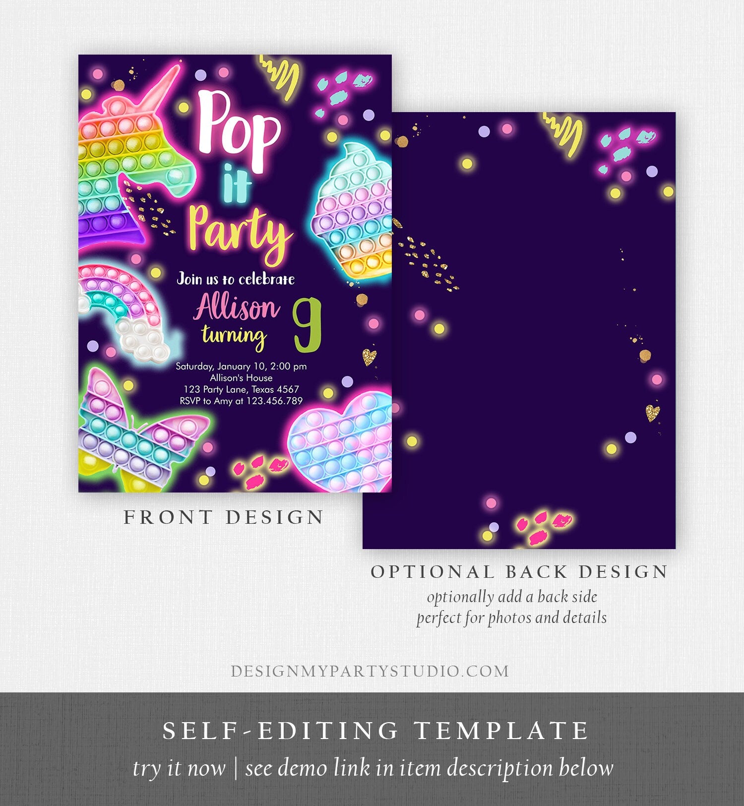 Editable Pop It Birthday Party Invitation Fidget Party Girl Kids Birthday Rainbow Neon Unicorn Bubble Download Printable Template Corjl 0422