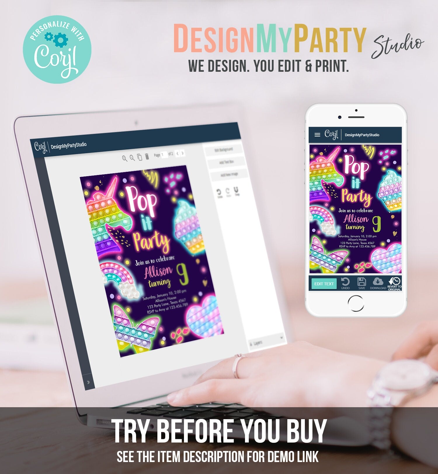Editable Pop It Birthday Party Invitation Fidget Party Girl Kids Birthday Rainbow Neon Unicorn Bubble Download Printable Template Corjl 0422