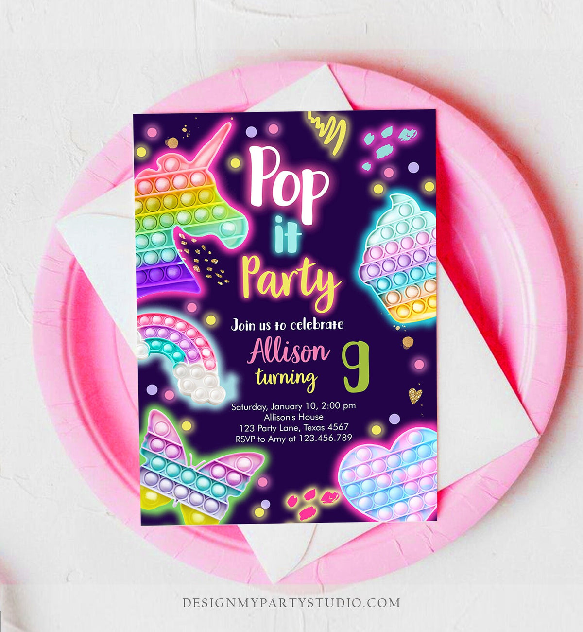 Editable Pop It Birthday Party Invitation Fidget Party Girl Kids Birthday Rainbow Neon Unicorn Bubble Download Printable Template Corjl 0422