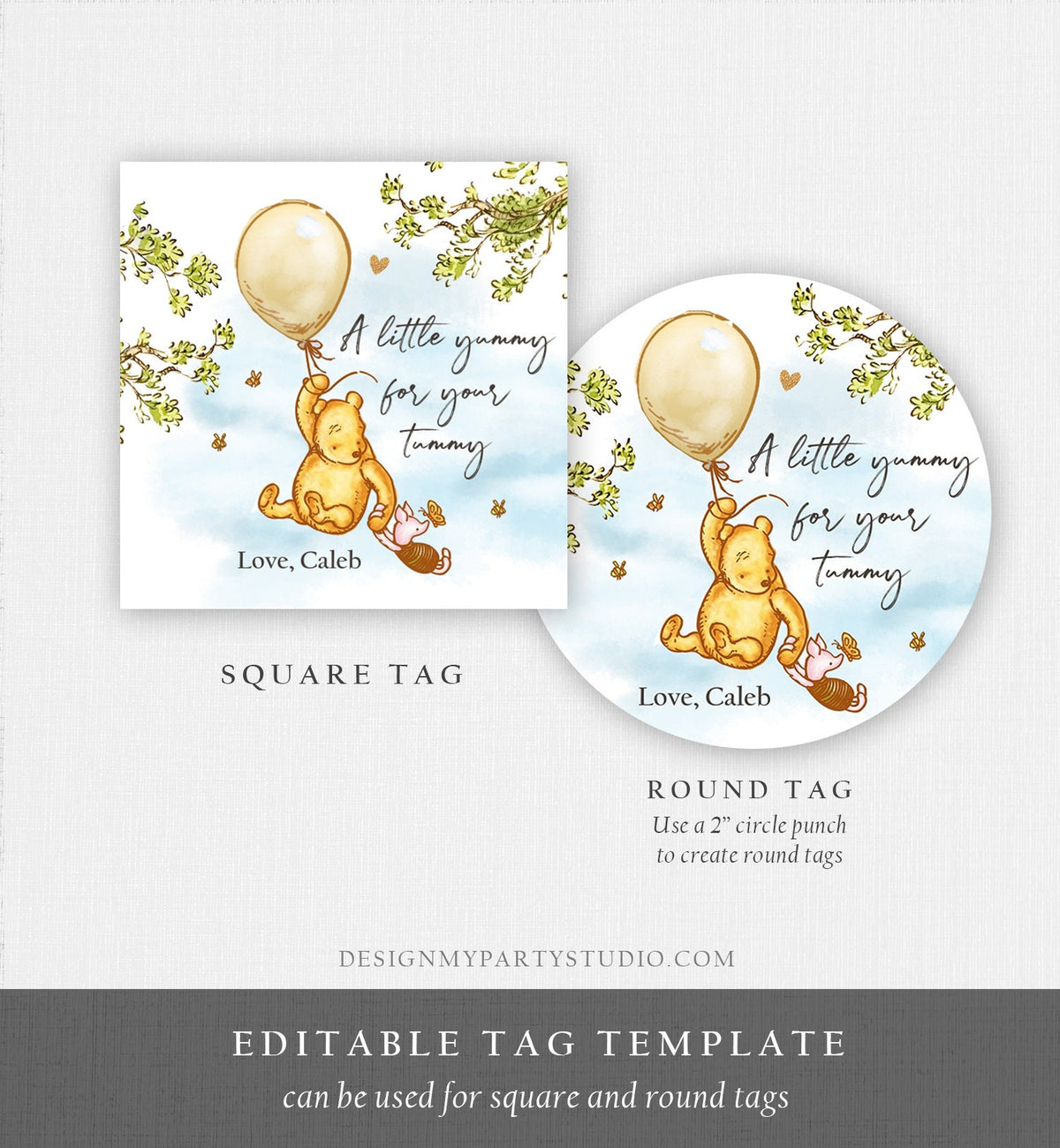 Editable Winnie The Pooh Favor Tags Pooh Baby Shower Thank you Sticker Birthday Yummy for Your Tummy Printable Download Corjl Template 0425