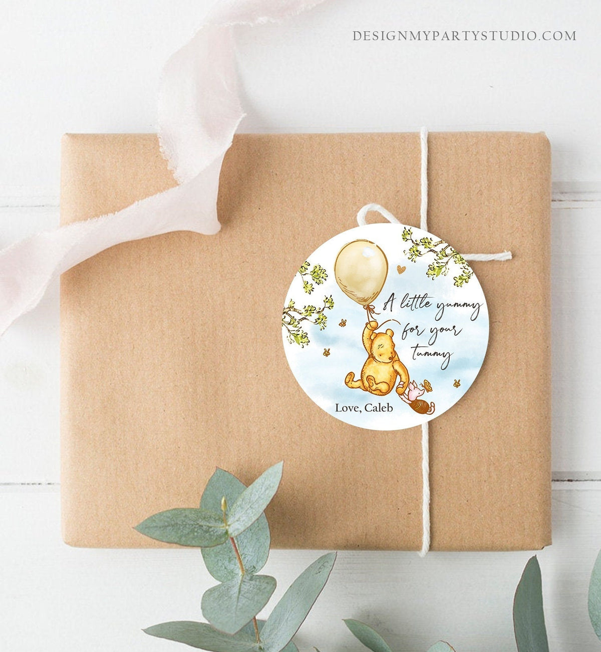 Editable Winnie The Pooh Favor Tags Pooh Baby Shower Thank you Sticker Birthday Yummy for Your Tummy Printable Download Corjl Template 0425