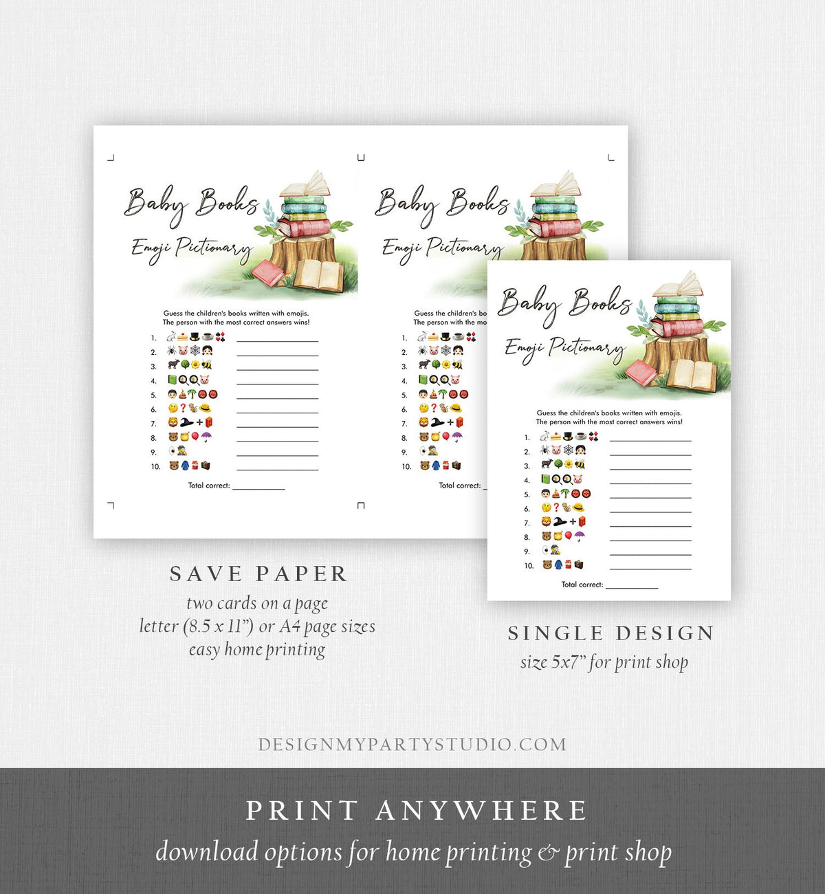 Editable Emoji Pictionary Baby Shower Game Baby Books Storybook Baby Shower Gender Neutral Chapter Shower Game Corjl Template Printable 0427