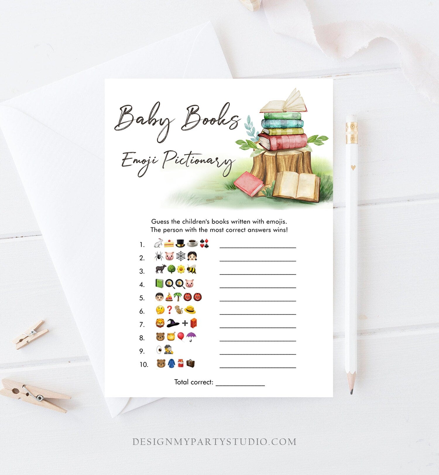 Editable Emoji Pictionary Baby Shower Game Baby Books Storybook Baby Shower Gender Neutral Chapter Shower Game Corjl Template Printable 0427