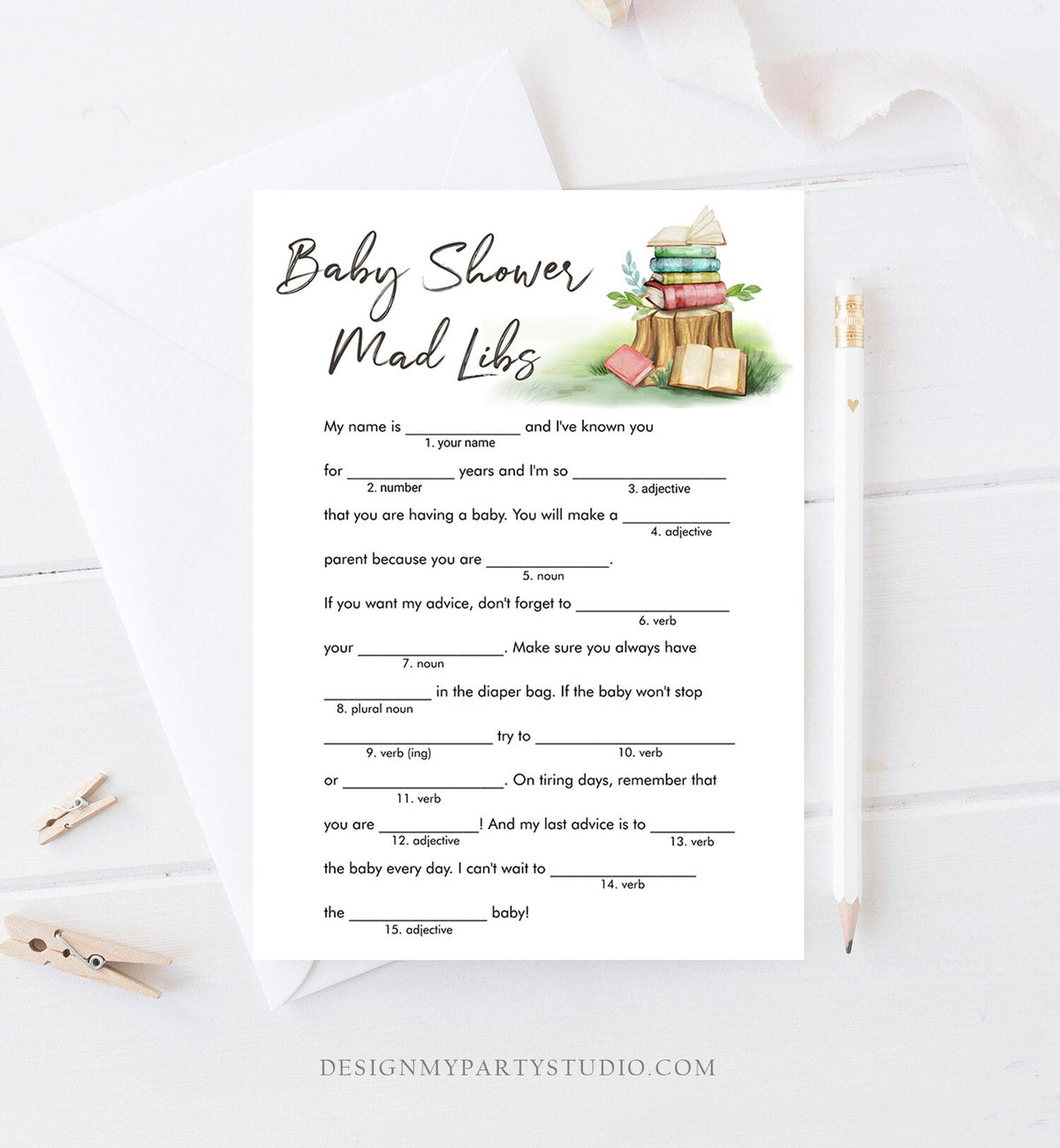Editable Mad Libs Baby Shower Game Storybook Baby Shower Gender Neutral Vintage Book Shower Activity Rustic Corjl Template Printable 0427