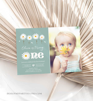 Editable Daisy Birthday Party Invitation First Birthday 1st One Party Bohemian Boy Girl Dusty Blue Download Corjl Template Printable 0410