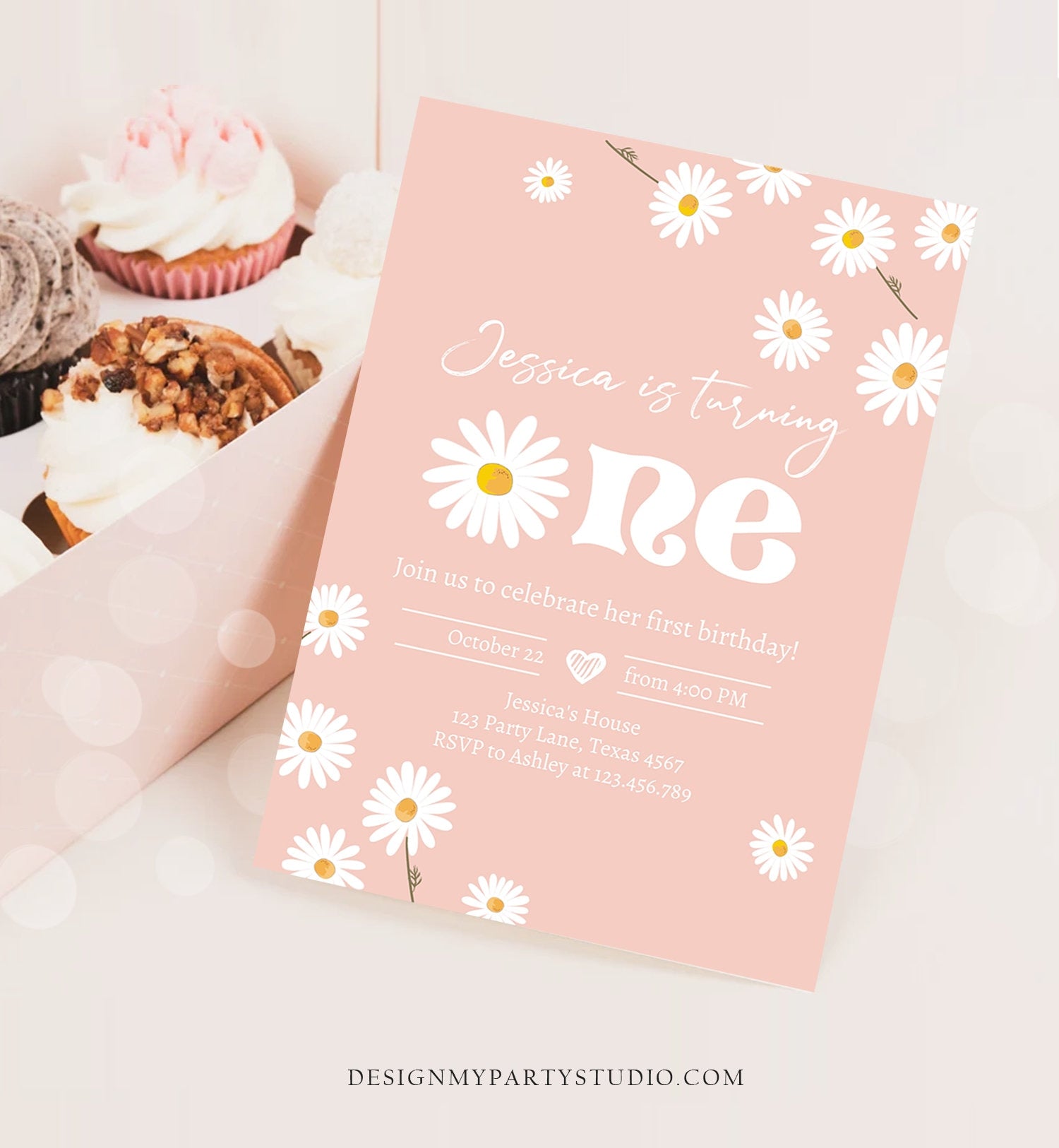 Editable Daisy Birthday Party Invitation 1st Birthday One Party Bohemian Girl Boho Pink First Download Printable Template Corjl Digital 0410