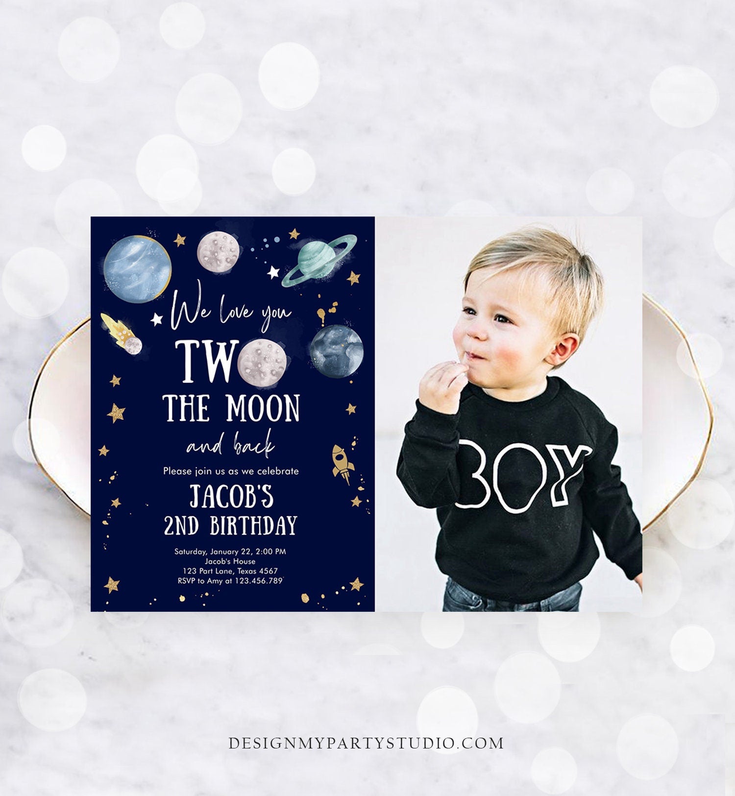 Editable Two the Moon Second Birthday Invitation Space Astronaut Love You to the Moon Galaxy 2nd Boy Printable Template Digital Corjl 0357