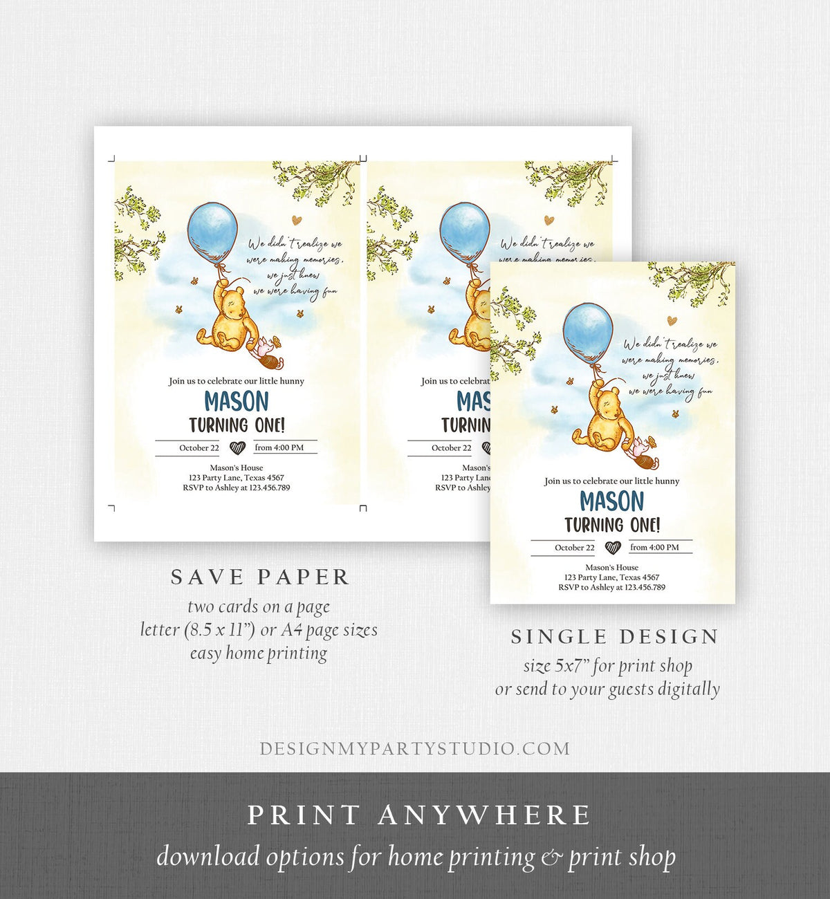 Editable Winnie The Pooh Invitation Boy Blue Rustic Classic Winnie The Pooh 1st Birthday Invite Digital Corjl Template Printable 0425