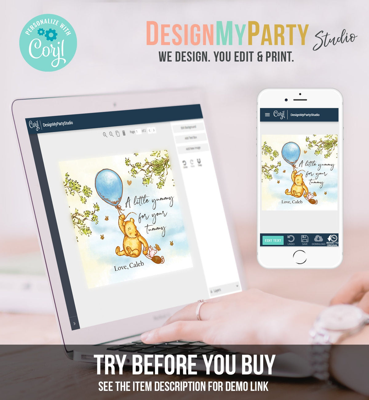 Editable Winnie The Pooh Favor Tags Pooh Baby Shower Thank you Sticker Birthday Yummy for Your Tummy Printable Download Corjl Template 0425