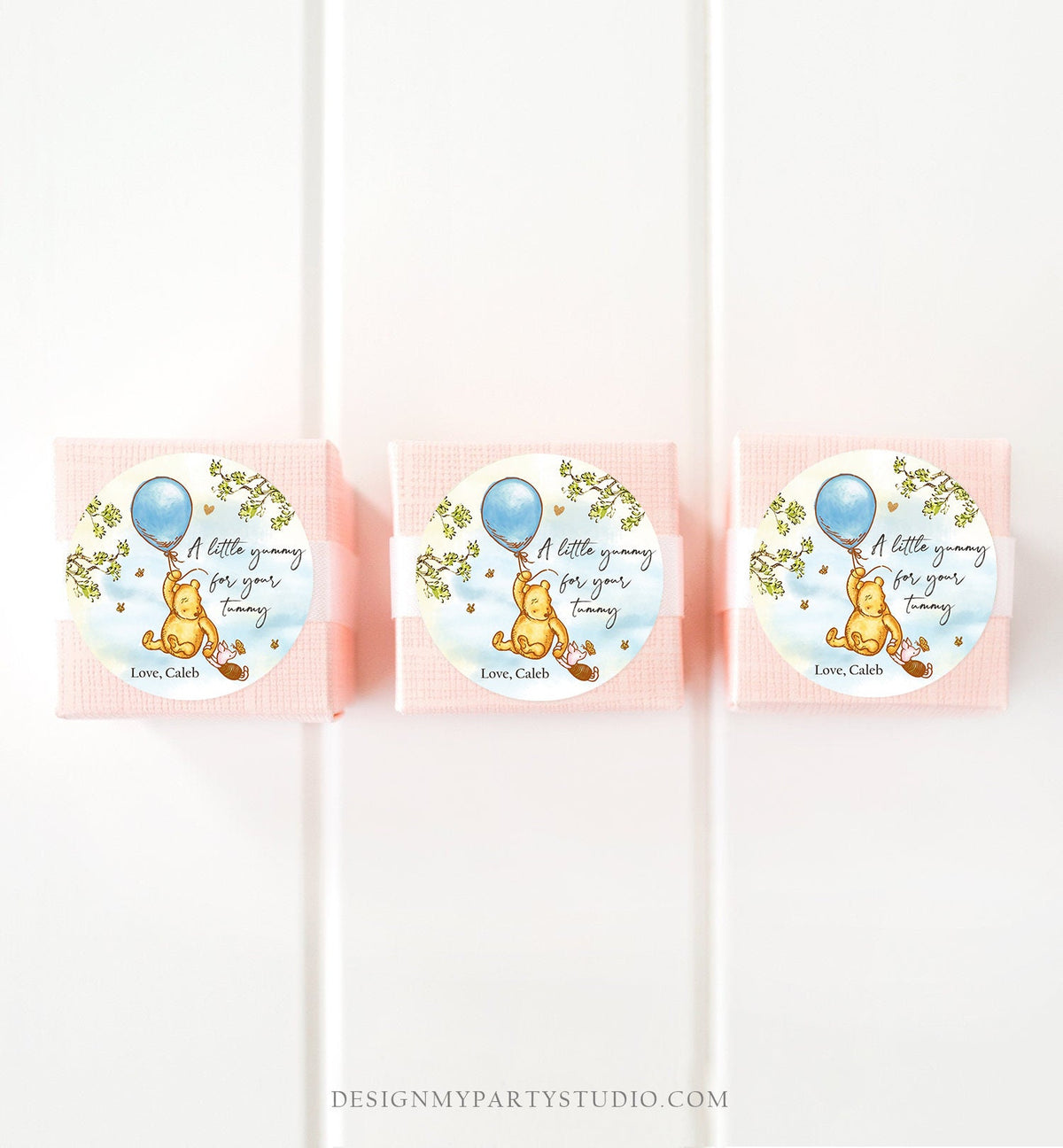 Editable Winnie The Pooh Favor Tags Pooh Baby Shower Thank you Sticker Birthday Yummy for Your Tummy Printable Download Corjl Template 0425