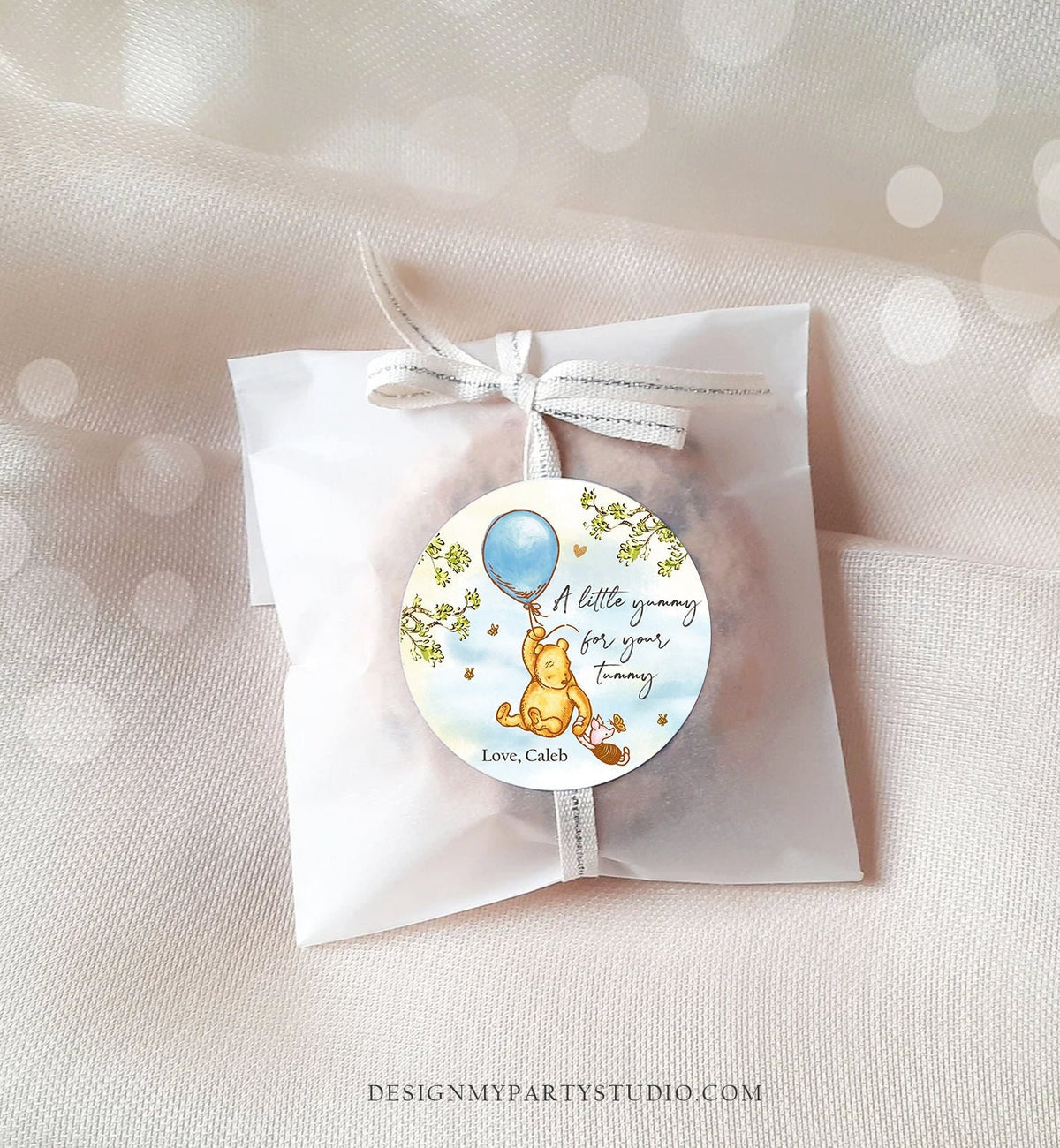 Editable Winnie The Pooh Favor Tags Pooh Baby Shower Thank you Sticker Birthday Yummy for Your Tummy Printable Download Corjl Template 0425