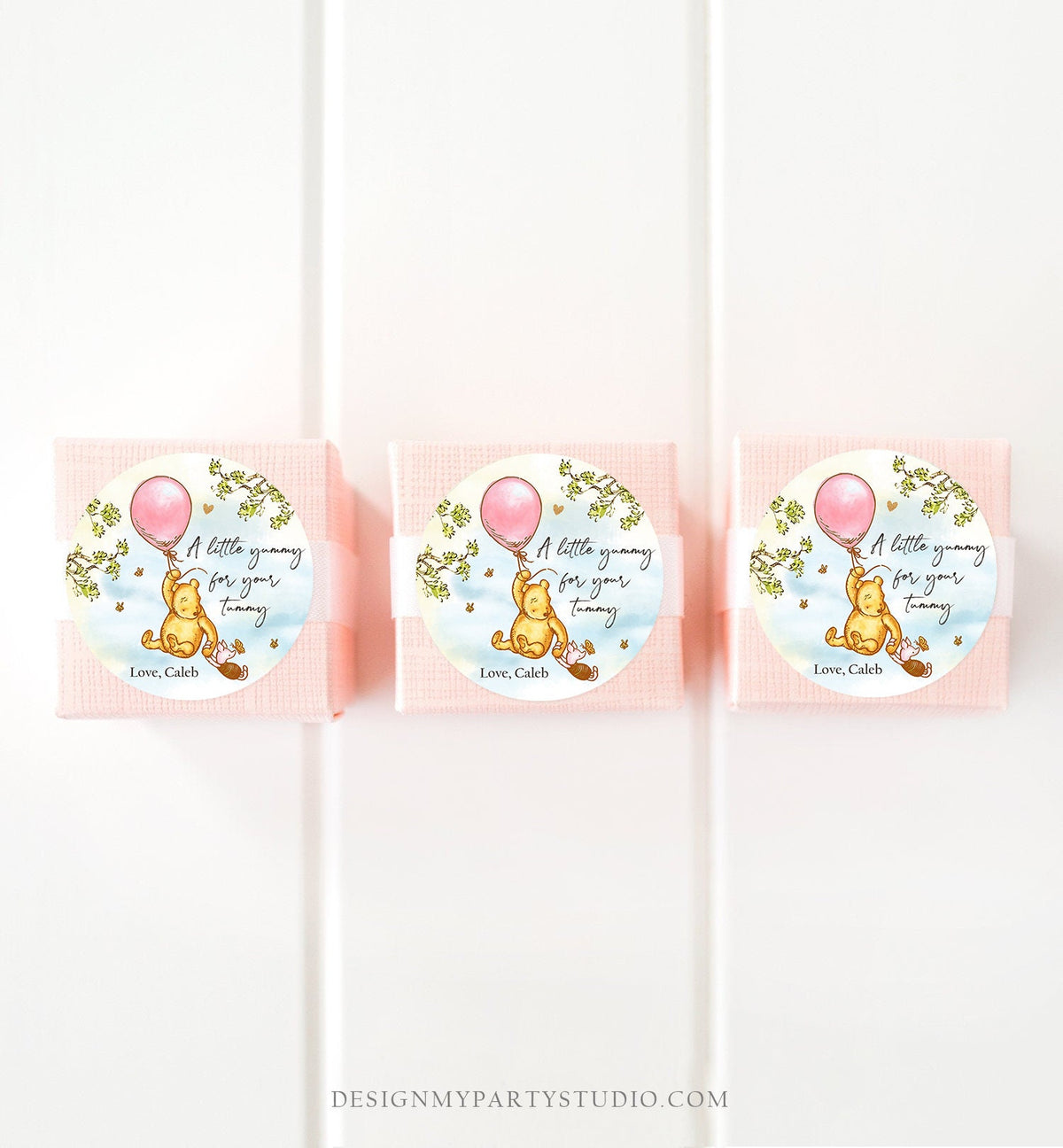 Editable Winnie The Pooh Favor Tags Pooh Baby Shower Thank you Sticker Birthday Yummy for Your Tummy Printable Download Corjl Template 0425