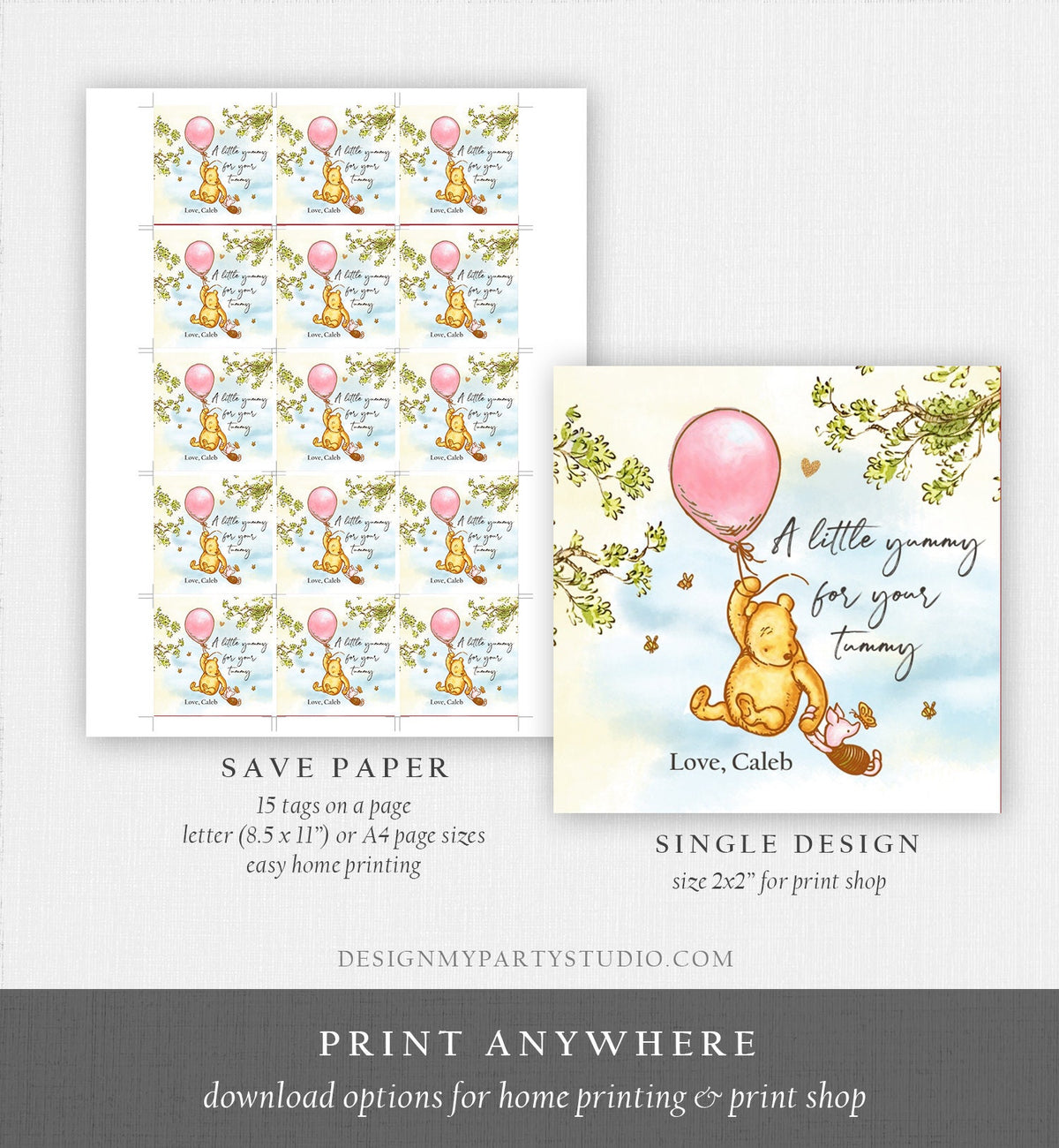 Editable Winnie The Pooh Favor Tags Pooh Baby Shower Thank you Sticker Birthday Yummy for Your Tummy Printable Download Corjl Template 0425