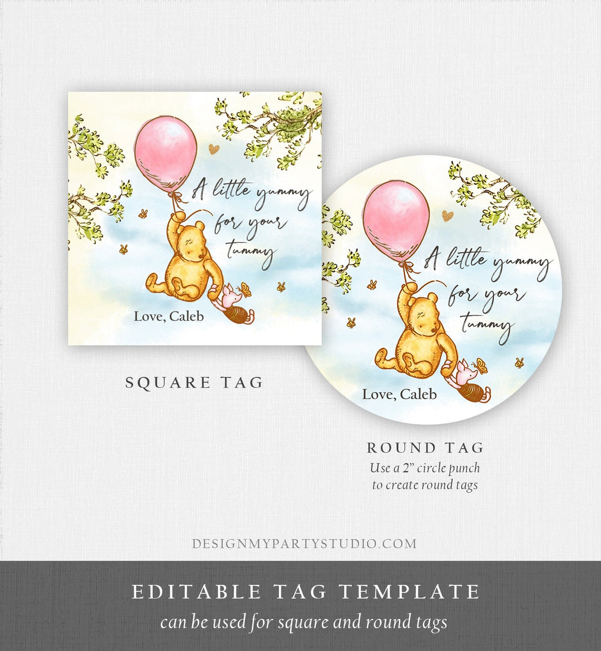 Editable Winnie The Pooh Favor Tags Pooh Baby Shower Thank you Sticker Birthday Yummy for Your Tummy Printable Download Corjl Template 0425
