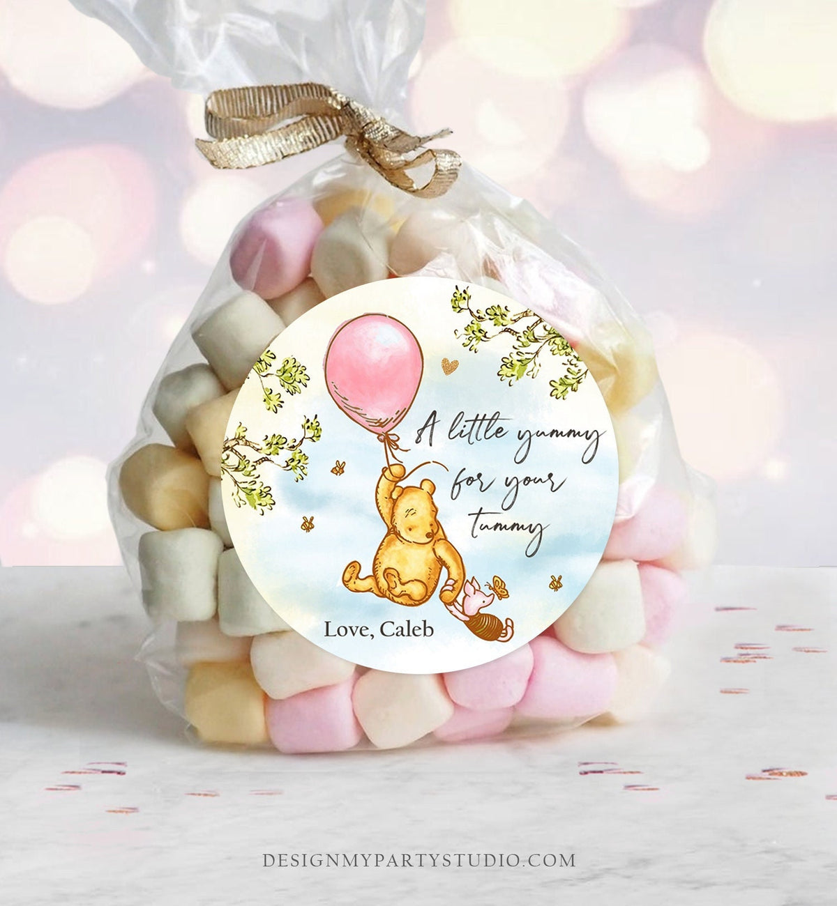 Editable Winnie The Pooh Favor Tags Pooh Baby Shower Thank you Sticker Birthday Yummy for Your Tummy Printable Download Corjl Template 0425