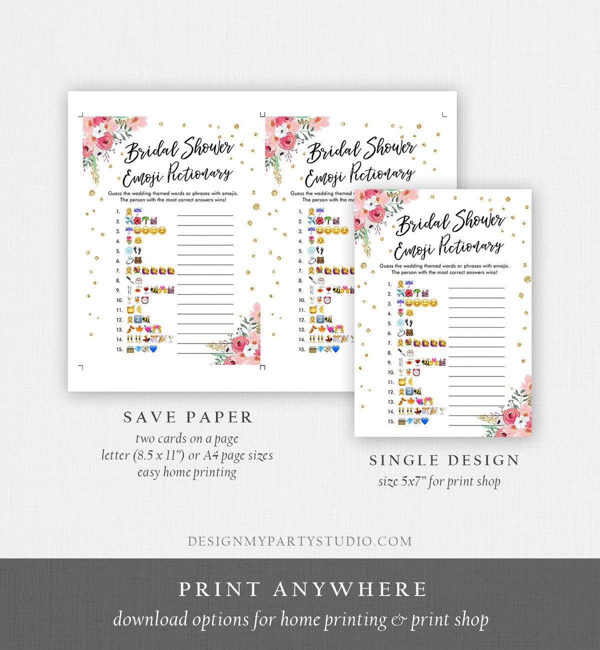 Editable Emoji Pictionary Bridal Shower Game Gold Pink Floral Emoticons Social Icons Wedding Activity Gold Corjl Template Printable 0030