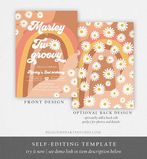 Editable Two Groovy Birthday Party Invitation 2nd Birthday Boho Retro Flower Power 70's Daisy Download Printable Template Corjl Digital 0428