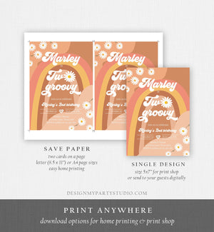 Editable Two Groovy Birthday Party Invitation 2nd Birthday Boho Retro Flower Power 70's Daisy Download Printable Template Corjl Digital 0428