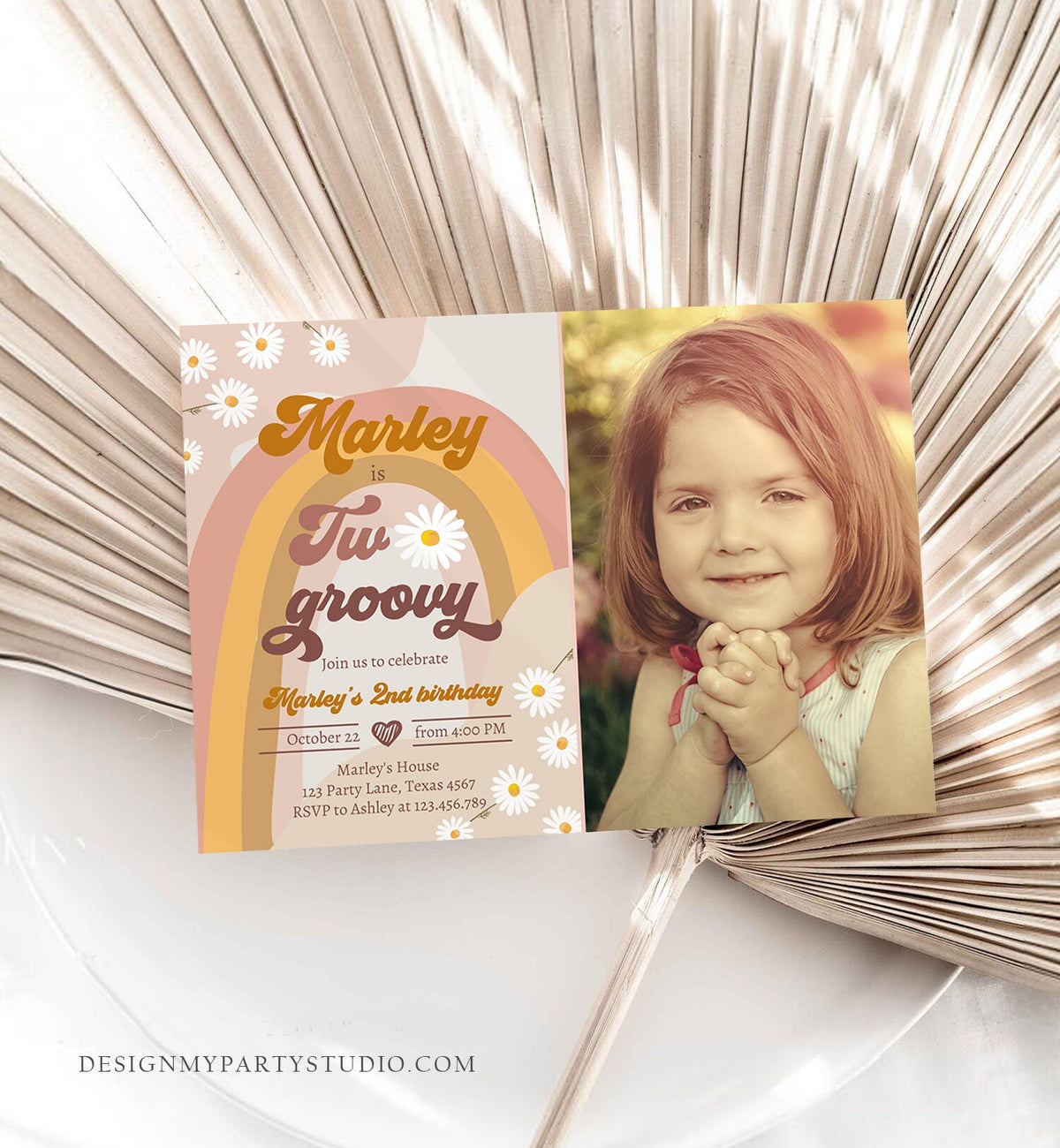 Editable Two Groovy Birthday Party Invitation 2nd Birthday Boho Retro Flower Power 70&#39;s Daisy Download Printable Template Corjl Digital 0428