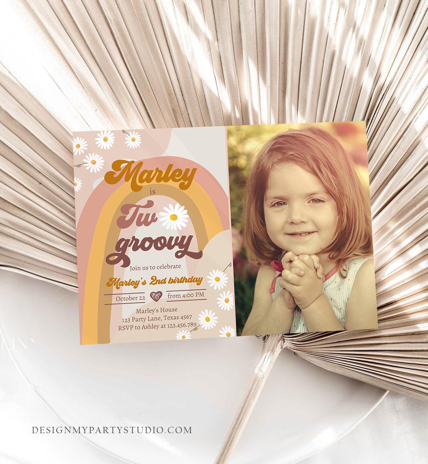 Editable Two Groovy Birthday Party Invitation 2nd Birthday Boho Retro Flower Power 70's Daisy Download Printable Template Corjl Digital 0428