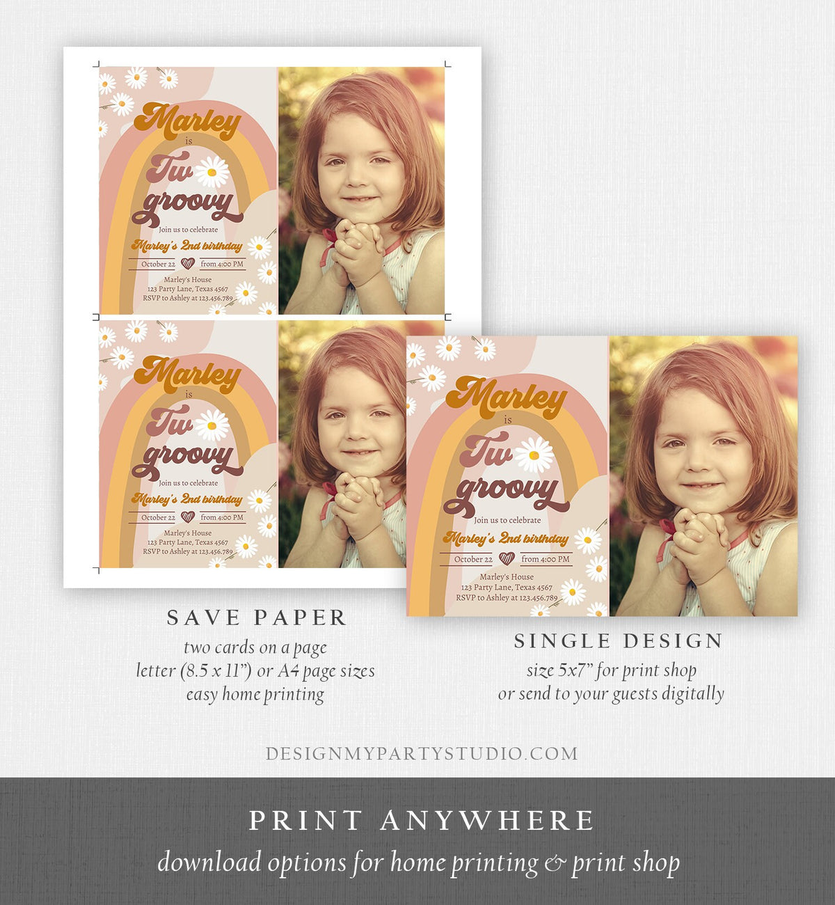 Editable Two Groovy Birthday Party Invitation 2nd Birthday Boho Retro Flower Power 70&#39;s Daisy Download Printable Template Corjl Digital 0428