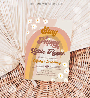 Editable Groovy Retro 1st Birthday Invitation First Birthday Retro Stay Trippy Little Hippie Download Printable Template Corjl Digital 0428
