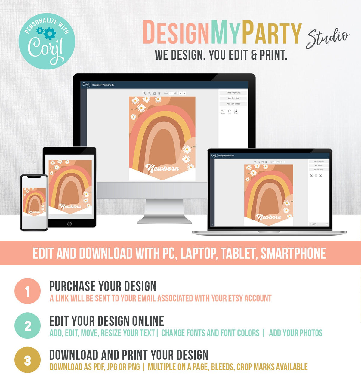 Editable Groovy First Birthday Banner Monthly Photo Banner Retro Daisy 70&#39;s Birthday Flower Power Hippie Girl Corjl Template Printable 0428