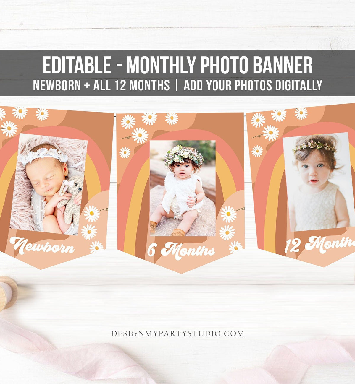 Editable Groovy First Birthday Banner Monthly Photo Banner Retro Daisy 70&#39;s Birthday Flower Power Hippie Girl Corjl Template Printable 0428